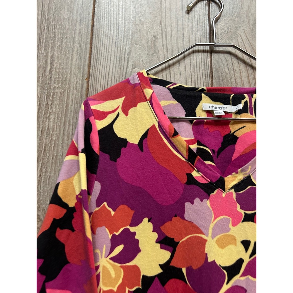 Chicos Floral Pima Cotton V-Neck Top Size 2 Large 3/4 Sleeve Multicolor Knit - Picture 5 of 6